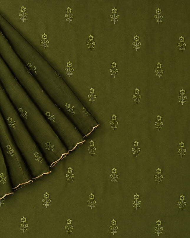 Georgette Saree with Thread Embroidery Flower Design  Kardhana Work Scallop Border - Olive Green