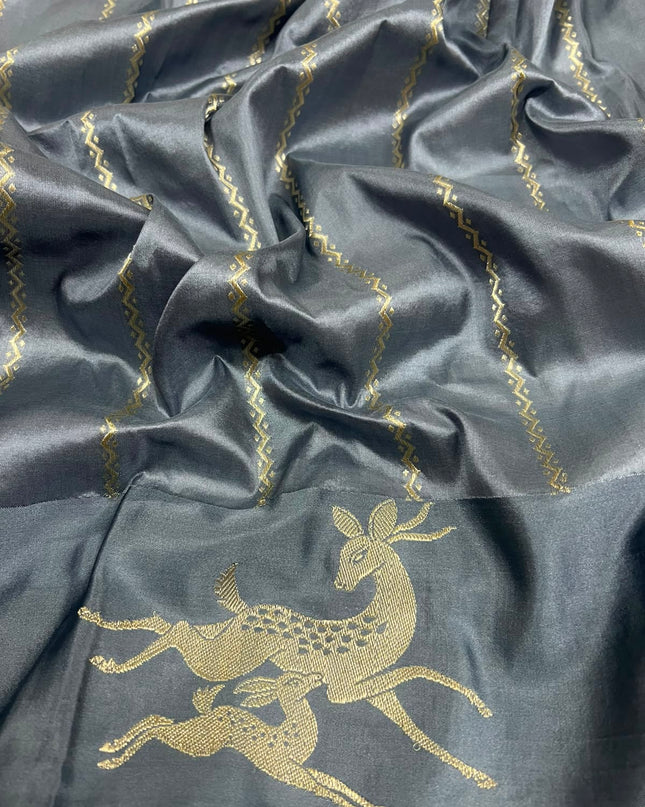 Kathan Silk Saree With All over Silver  Zari Buttes and Silver Zari Weaving Border - Light Orange