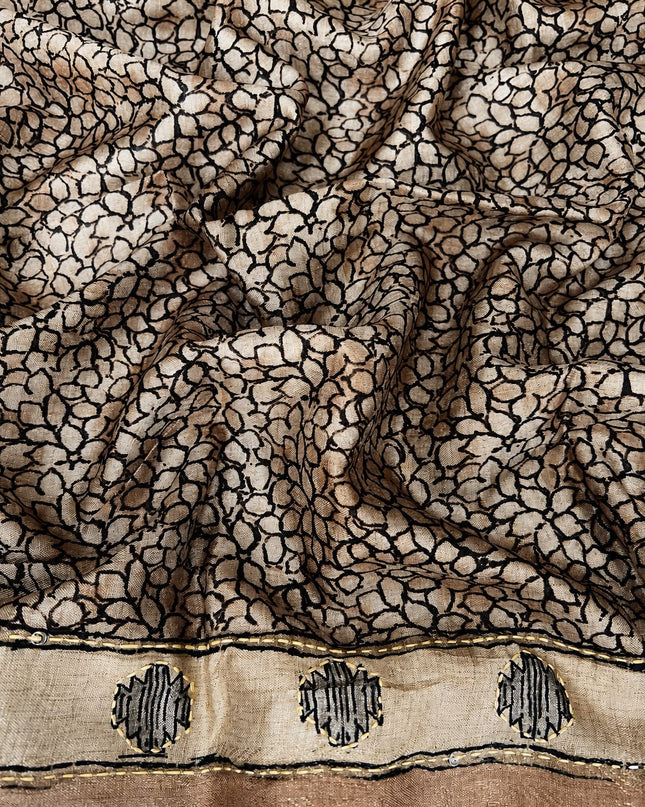 Tusser Silk Saree With Floral Print and Kantha work and Contrast Border - Brown