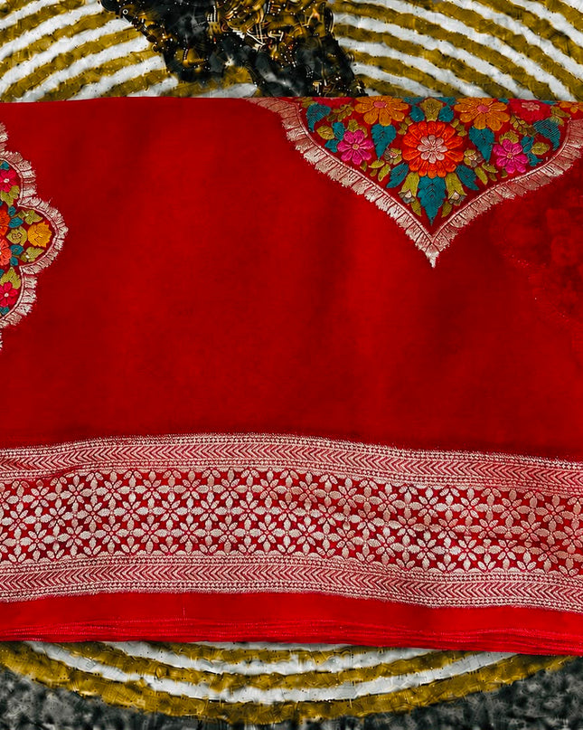 Georgette Saree with Meena Kari Weaving kaddi Border - Red
