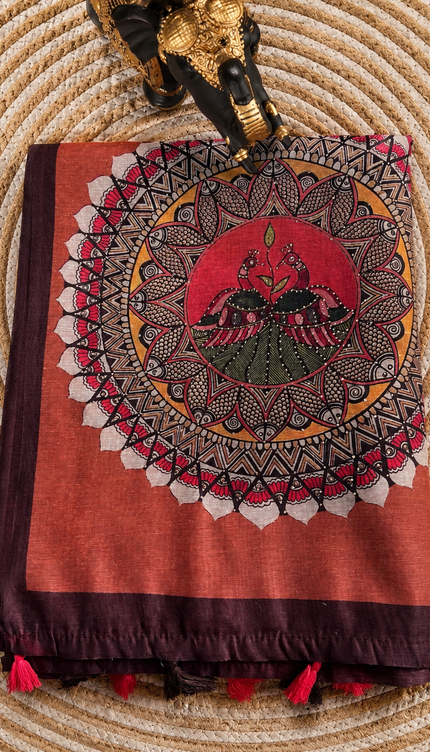 Tusser Silk Saree with Mahbubani Print  contrast Border  -  Rust