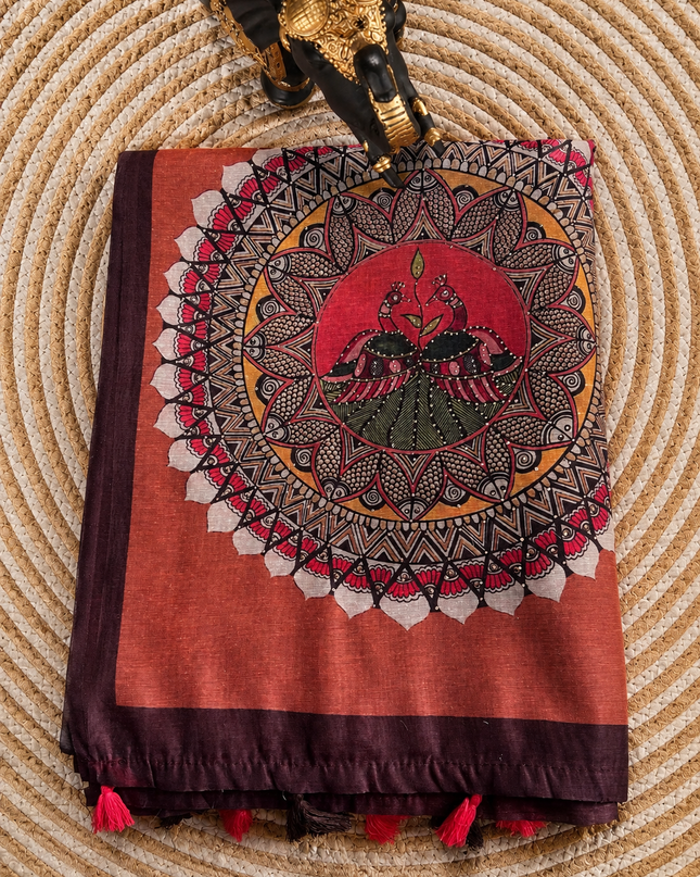 Tusser Silk Saree with Mahbubani Print  contrast Border  -  Rust