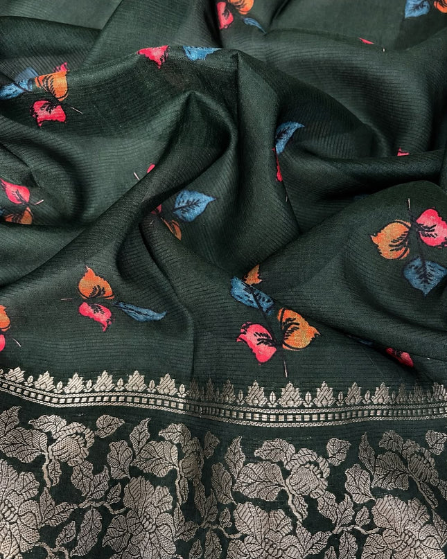 Chanderi Saree with  Floral Print Contrast Border - Green & Bottle Green