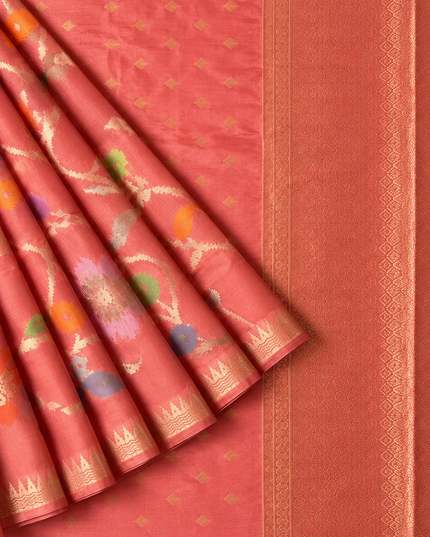 Chanderi  Silk Saree with All over Jamdani weaving style and Golden Zari border - Coral