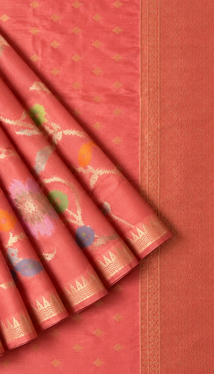 Chanderi  Silk Saree with All over Jamdani weaving style and Golden Zari border - Coral