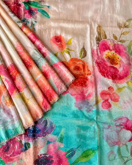 Crepe Saree With Floral Print and Sequence Work and Karahan Work Border-Multi