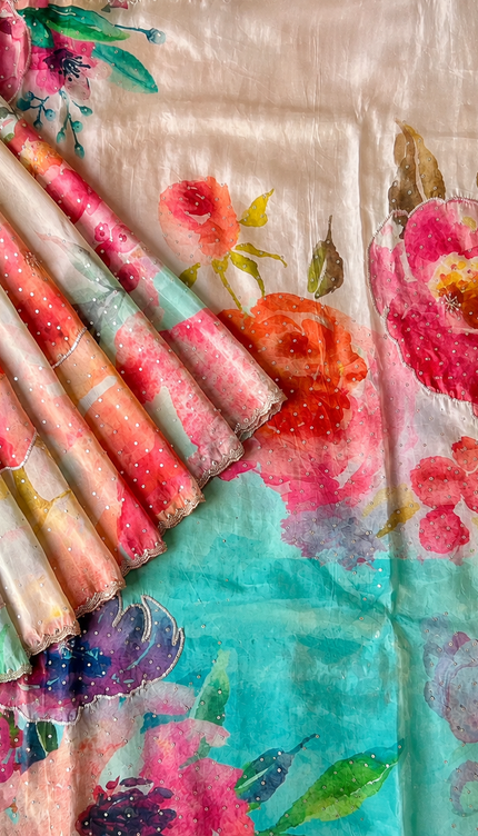 Crepe Saree With Floral Print and Sequence Work and Karahan Work Border-Multi