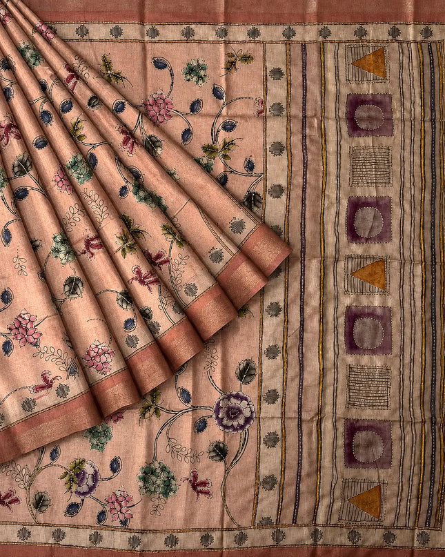Tusser Silk Saree With Floral Print and Contrast Border - Light Pink
