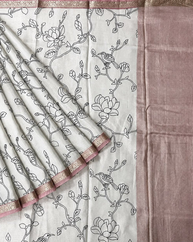 Mul Tissue Saree With Floral Print Small Kanchi Border- White & Pink