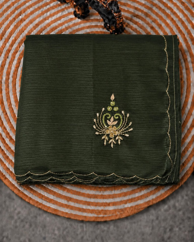 Soft Crush  Saree With Kardhana Sequences Work and Scallop Border -  Bottle Green