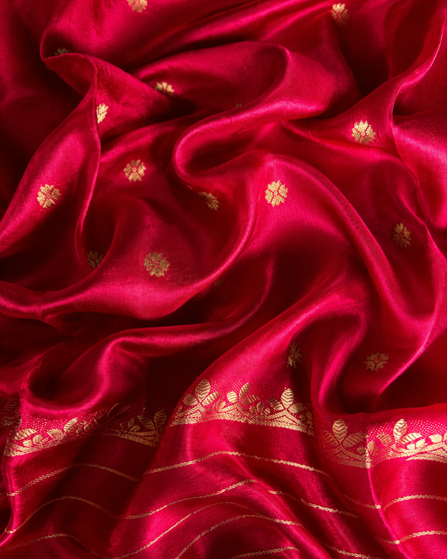 Banaras Crepe Saree With  Golden Zari Butties and Satin Golden Zari Line Design  Border - Pink