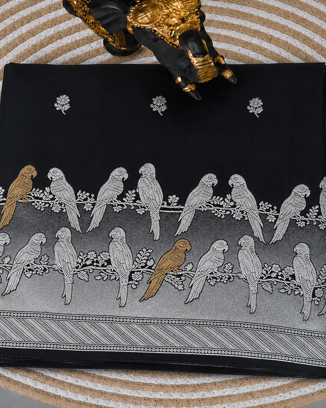 Mashru Banaras saree with Silver butties and Silver Kaddi border - Black