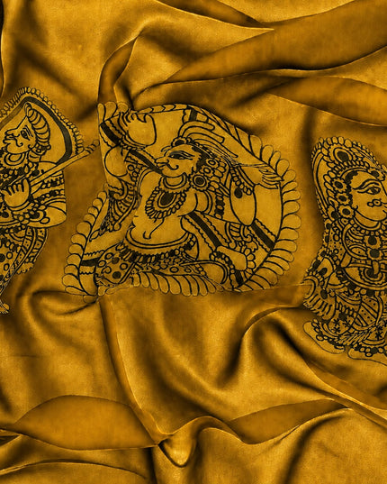 Georgette Saree With Kalmkari Print and Scallop Border and Mirror Work  - Mustard