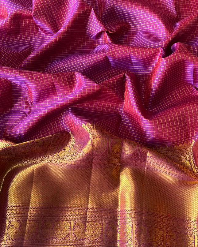 Pure Pattu Saree With Gold Cheks Weaving and  Horse Buttes and Contrast Border- Orange