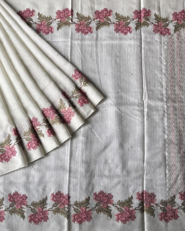 Jute Tusser Silk Saree With Cross Stich Work - White