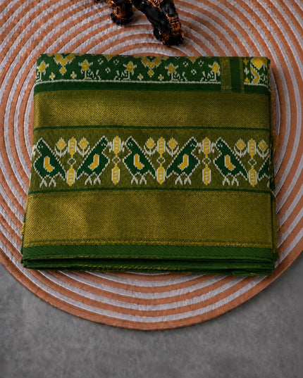 Ikkat Silk Saree with Kaddi  Border  -  Bottle Green