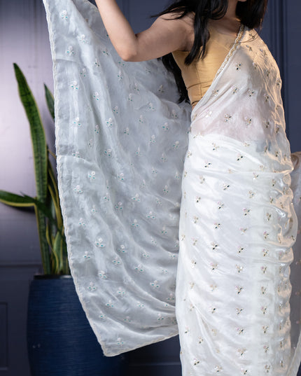 Soft Satin Velvet silk saree With Kardhana  work with Scallop Border -White