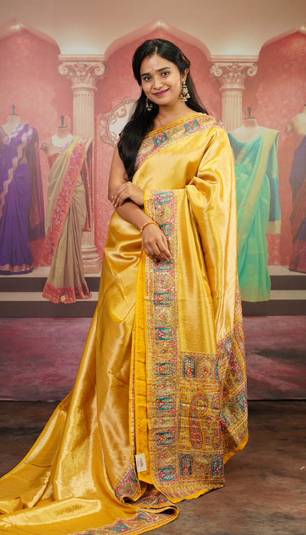 Tissue Banaras Saree Pashmina  Border - Mustard Yellow