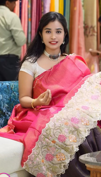 munga tissue saree with kora tissue border-pink