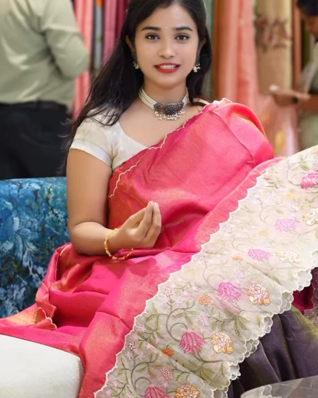 munga tissue saree with kora tissue border-pink