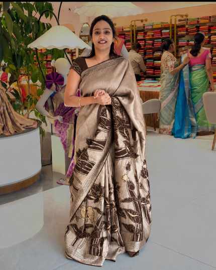 Heritage Banaras Saree With Gold and Silver Zari Weaving lotus Design - Coffee Brown