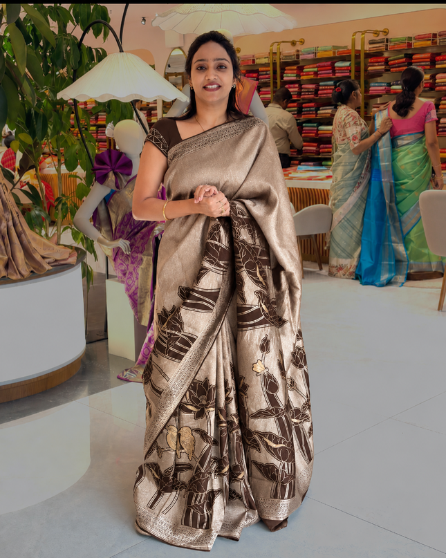 Heritage Banaras Saree With Gold and Silver Zari Weaving lotus Design - Coffee Brown