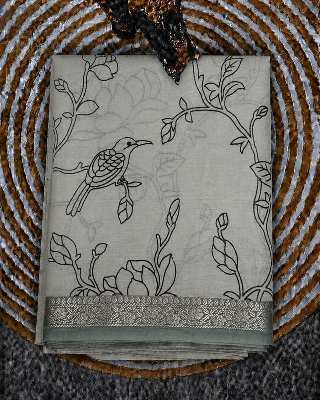 Mul Tissue Saree With Floral Print Small Kanchi Border- White &  Sage Green