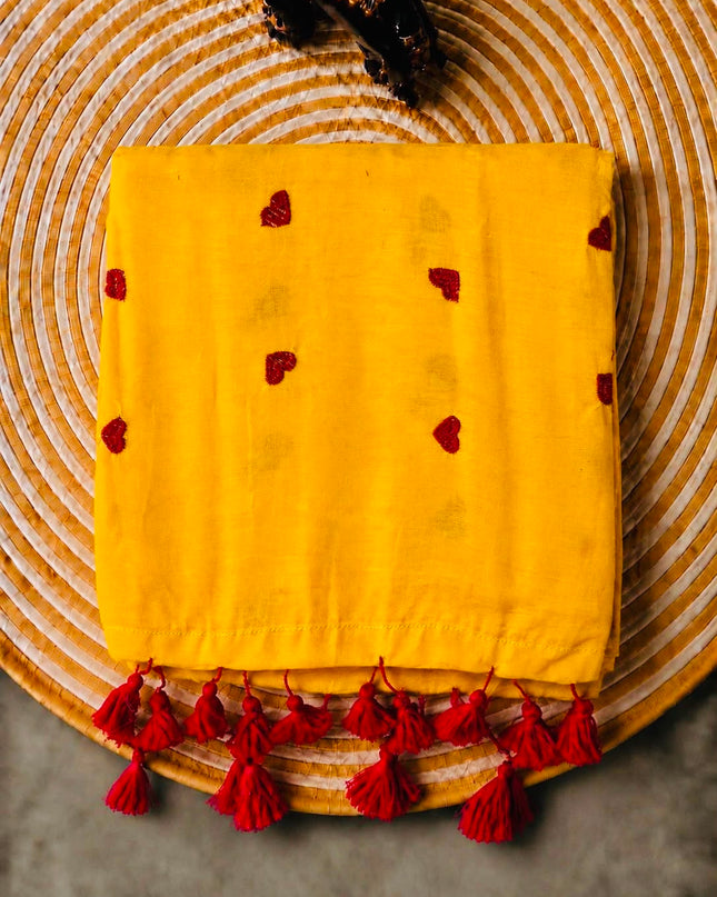 Mul Cotton Saree with Thread Work Buttes and Tassels-  Mustard