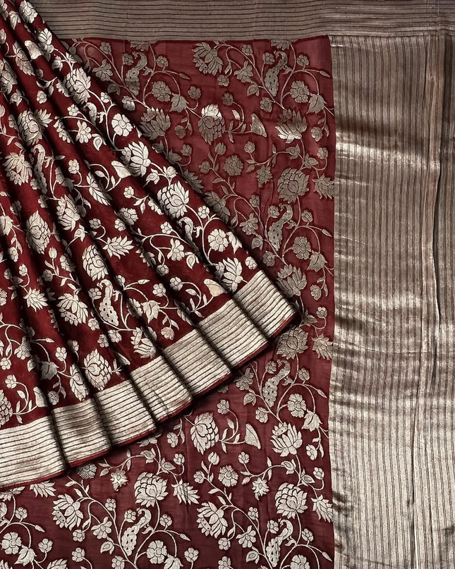 Kaddi Georgette saree with Allover Gold Zari Leaf Jall Design Kaddi Border- Maroon