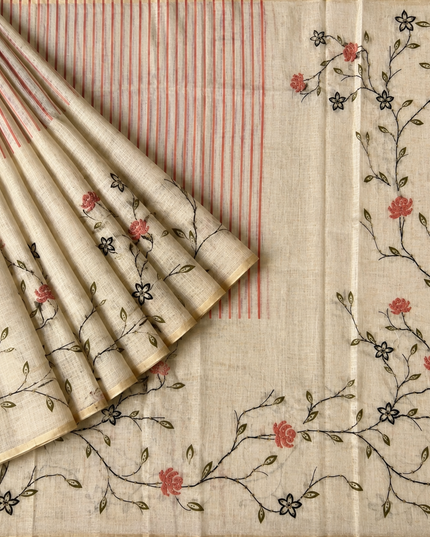 Linen Saree with Floral Print and Kardhana Work - Beige &  Orange