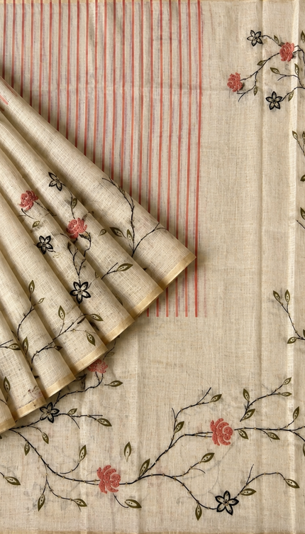Linen Saree with Floral Print and Kardhana Work - Beige &  Orange