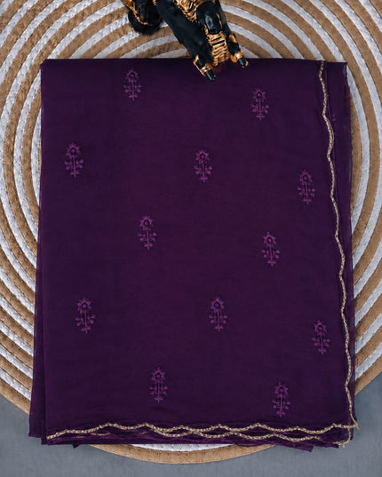 Georgette Saree with Thread Embroidery Flower Design  Kardhana Work Scallop Border - Purple