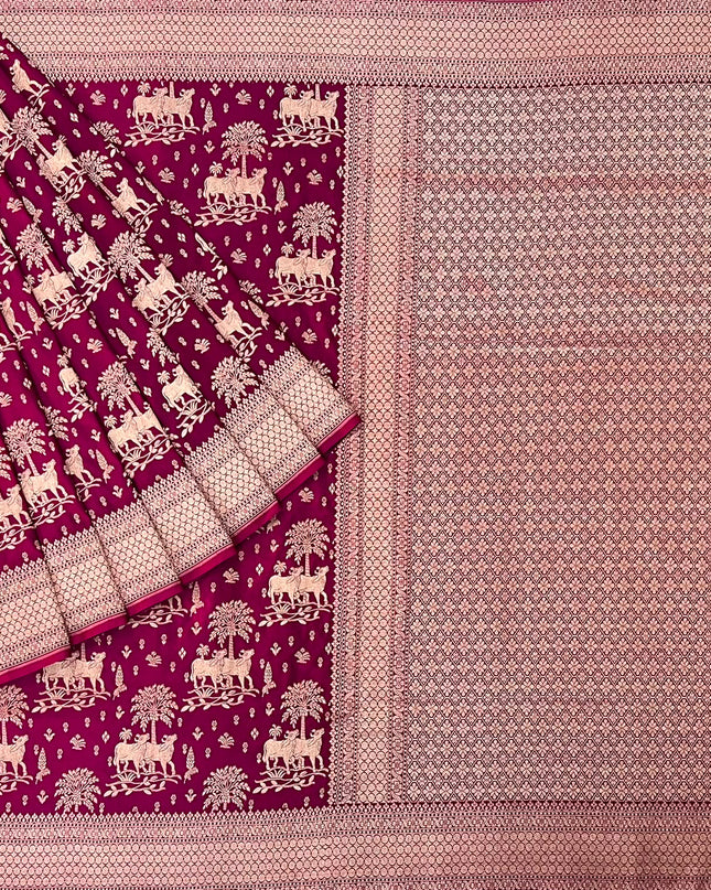 Kathan  Banaras saree with Pichwai  Weaving Buttes Ana Kaddi Border -Magenta