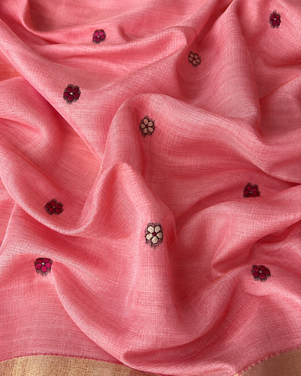 Linen Saree with Allover Thread Weaving Butties and Golden Border -Pink