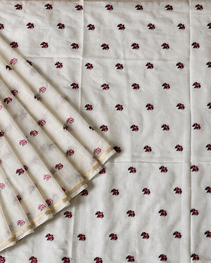 Mul Chanderi saree with Thread Embroidery Butties And Golden Zari Border  - Off White