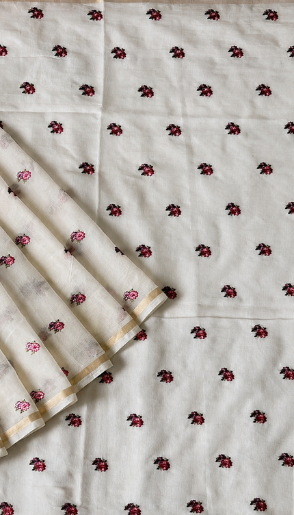 Mul Chanderi saree with Thread Embroidery Butties And Golden Zari Border  - Off White