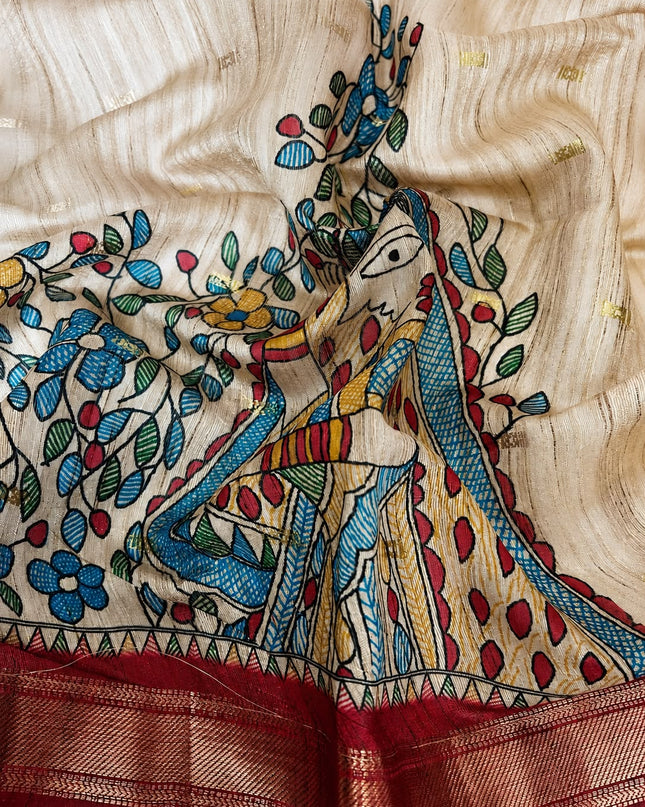 Tusser Saree With small gold Buttes with and Golden Border  - Maroon