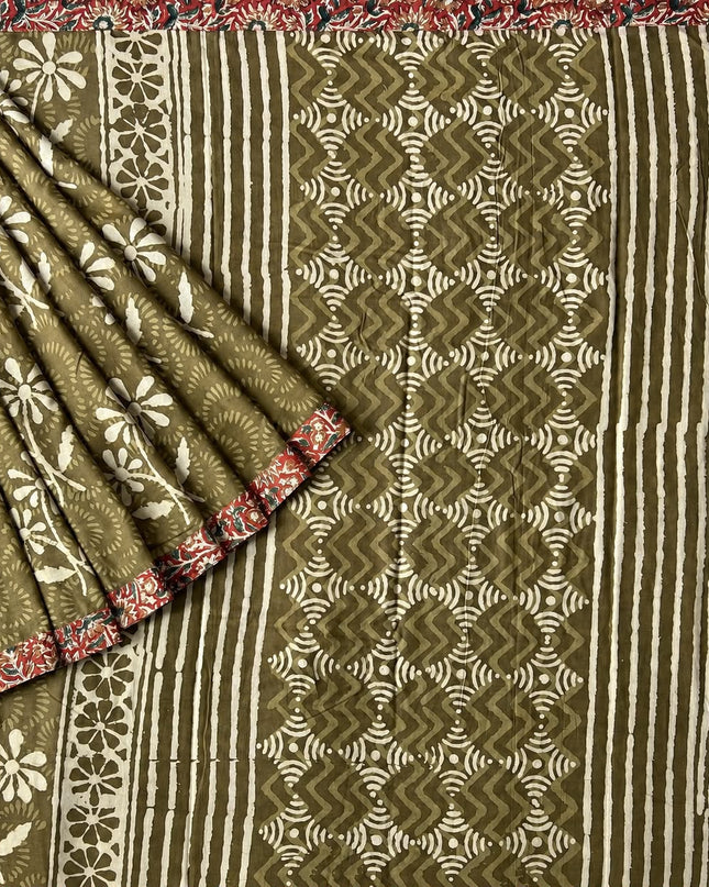 Mul Cotton Saree with Hand Floral Print Border- Mehandi Green