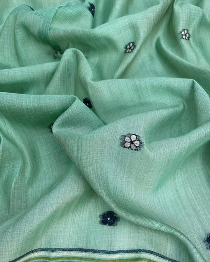 Cotton Chanderi Jamdani Saree withfloral Print Golden Border - Sky Blue