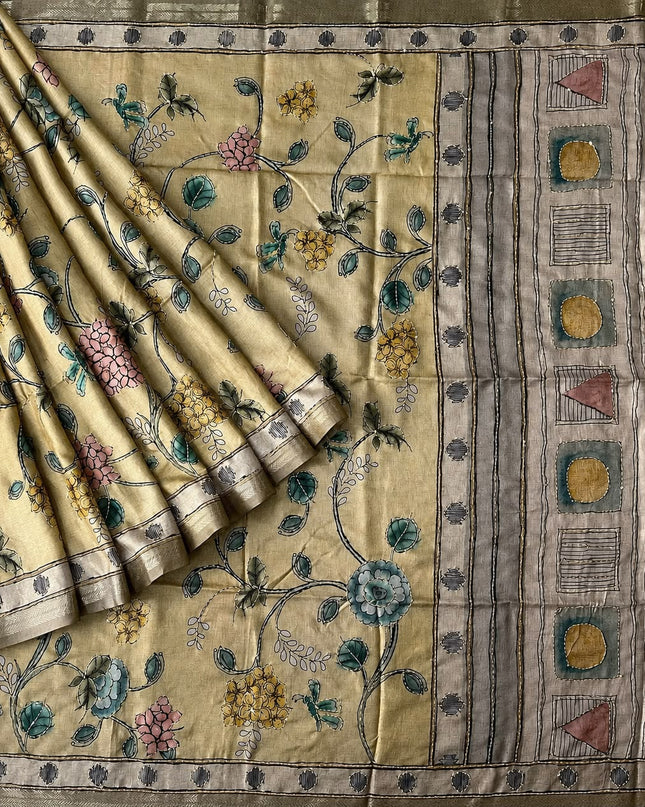 Tusser Silk Saree With Floral Print and Kantha work and Contrast Border - Olive Green