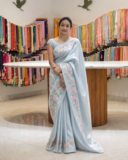 Satin Silk Saree With  Self Embroidery Design Border - Sky Blue