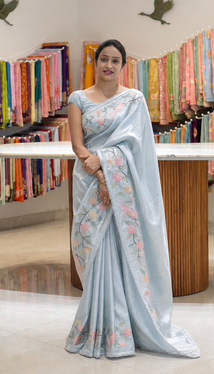 Satin Silk Saree With  Self Embroidery Design Border - Sky Blue