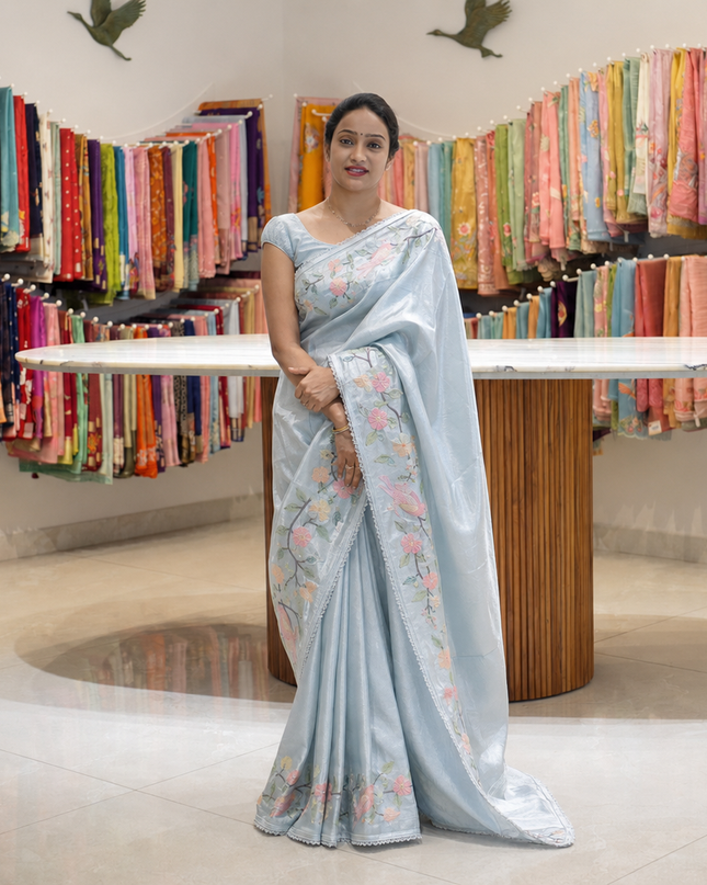 Satin Silk Saree With  Self Embroidery Design Border - Sky Blue