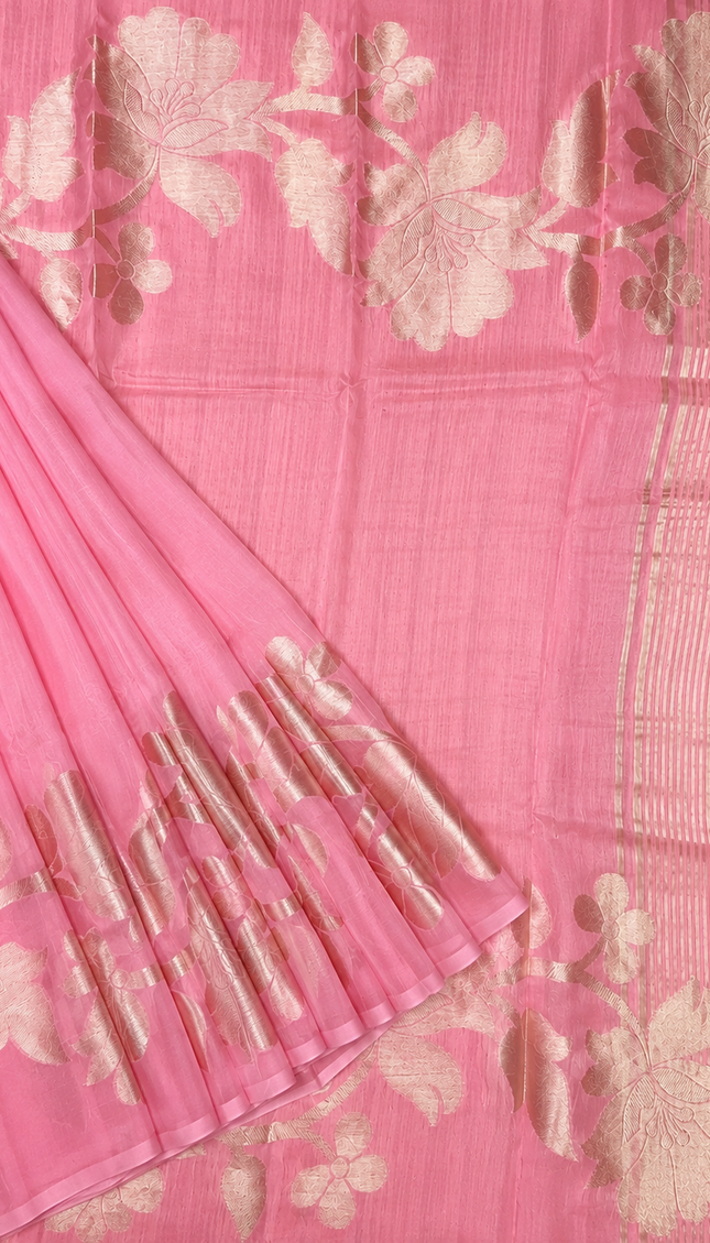 Kora Organza Saree with Jamdani Weaving and Self Border  -Pink