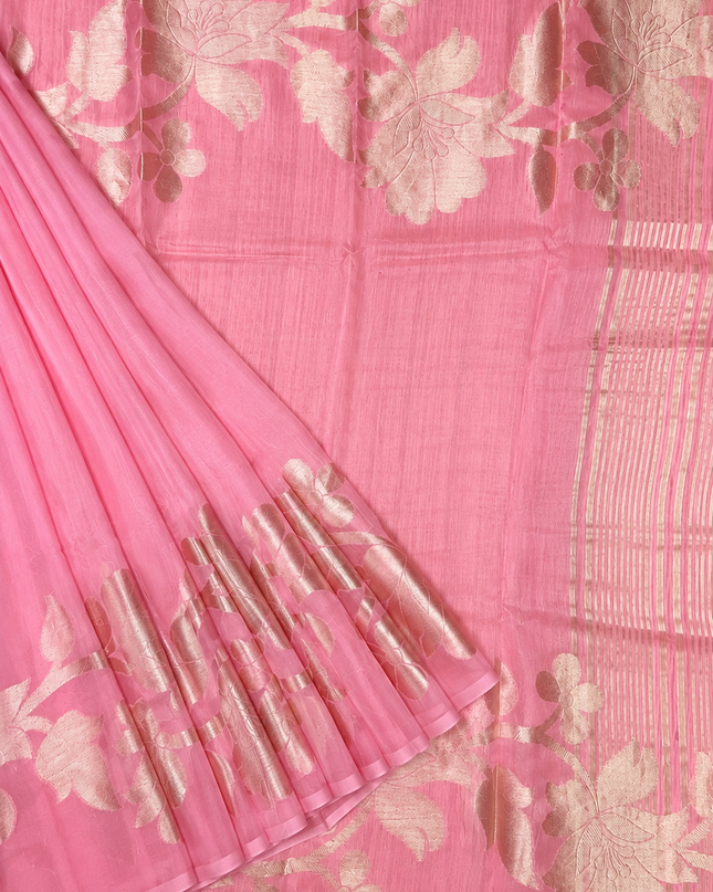 Kora Organza Saree with Jamdani Weaving and Self Border  -Pink