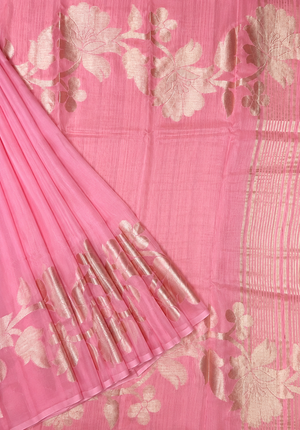 Kora Organza Saree with Jamdani Weaving and Self Border  -Pink