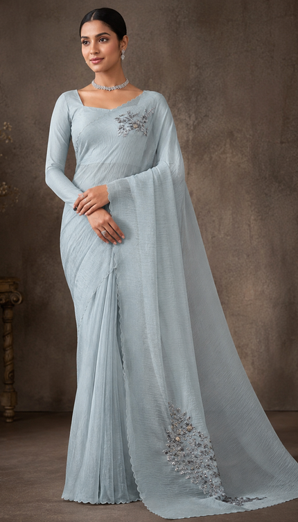Soft Organza Saree With Kardhana Work and Scallop Border- Light Blue