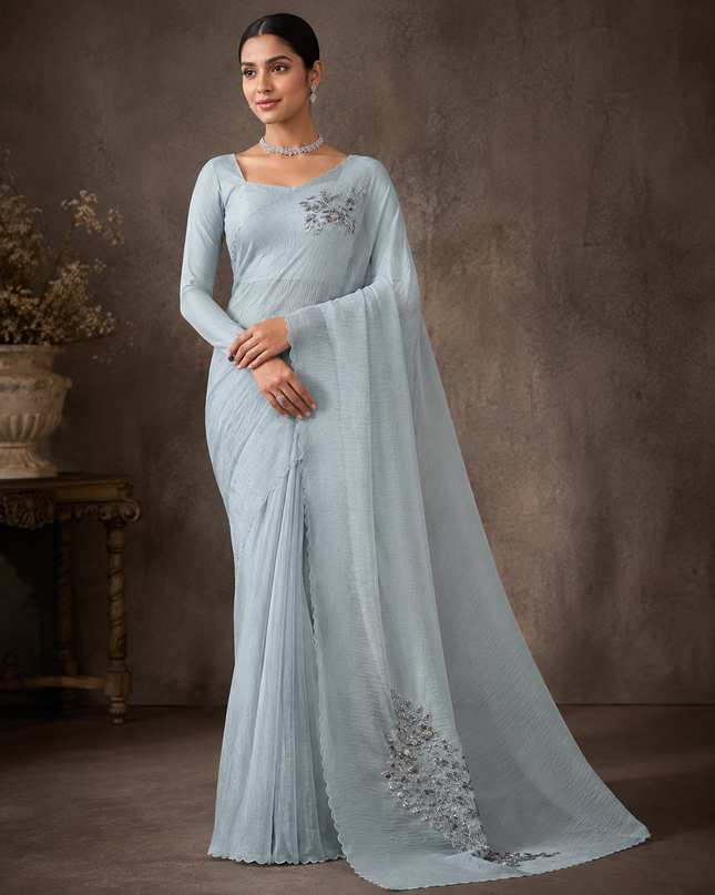 Soft Organza Saree With Kardhana Work and Scallop Border- Light Blue