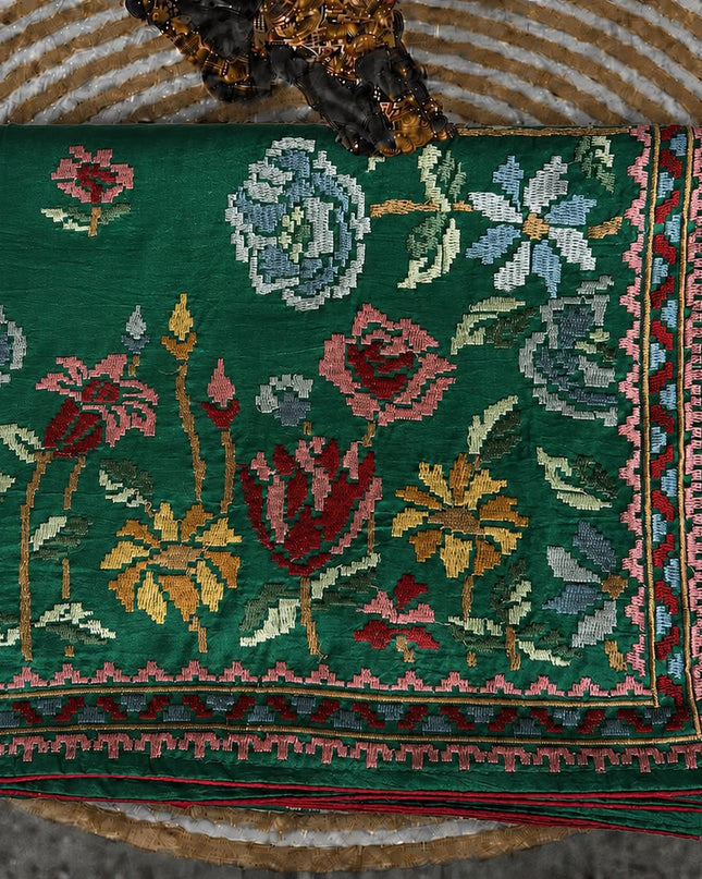 Dupion Saree with Thread Work Piping Border-  Green