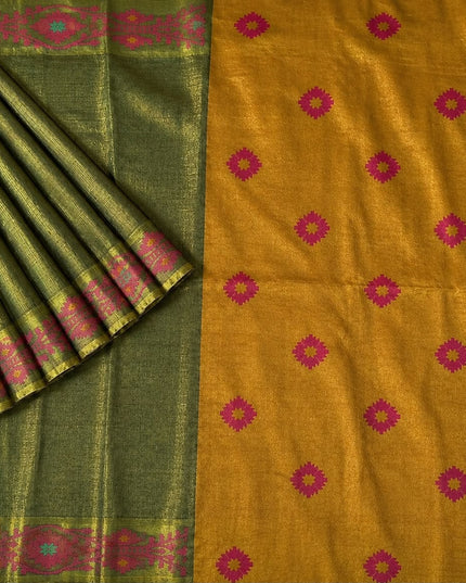 Tusser Silk Saree  With Thread Weaving Butties  With Golden Border- Green